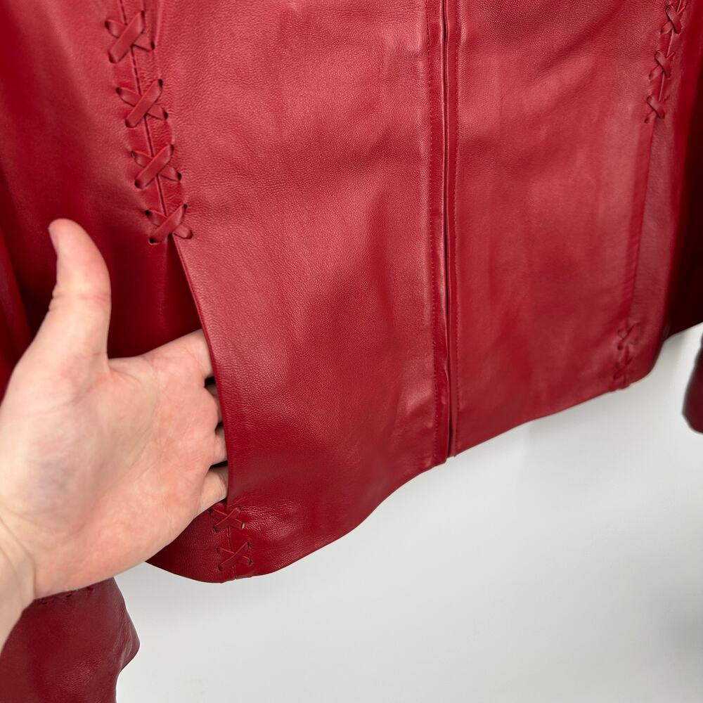 Women's Red Braided Lattice Western Cowgirl Montanaco 100% Leather Zip Jacket XL - Picture 7 of 10